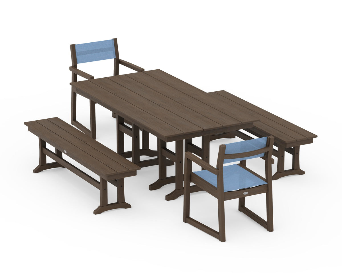 POLYWOOD EDGE Sling Arm Chair 5-Piece Farmhouse Dining Set with Benches in Kona / Poolside