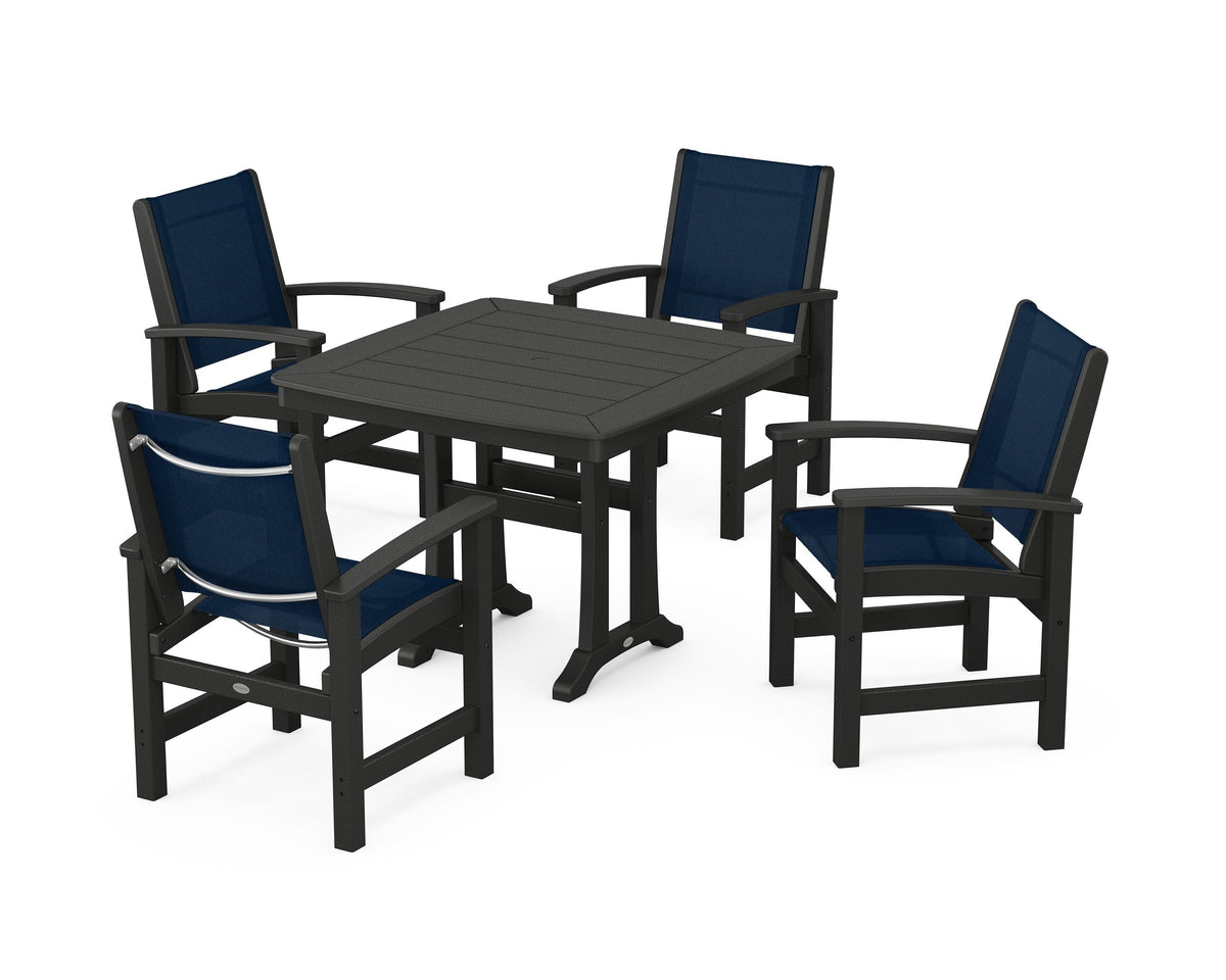 POLYWOOD Coastal 5-Piece Dining Set with Trestle Legs with Nautical Trestle 37" Dining Table in Black / Navy Blue