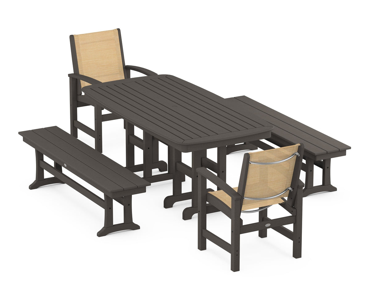 POLYWOOD Coastal 5-Piece Dining Set with Nautical 37" x 72" Dining Table in Vintage Coffee / Dupioni Apricot