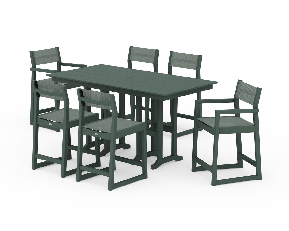 POLYWOOD EDGE Sling 7-Piece Farmhouse Counter Set with Trestle Legs in Green / Dupioni Sea Mist
