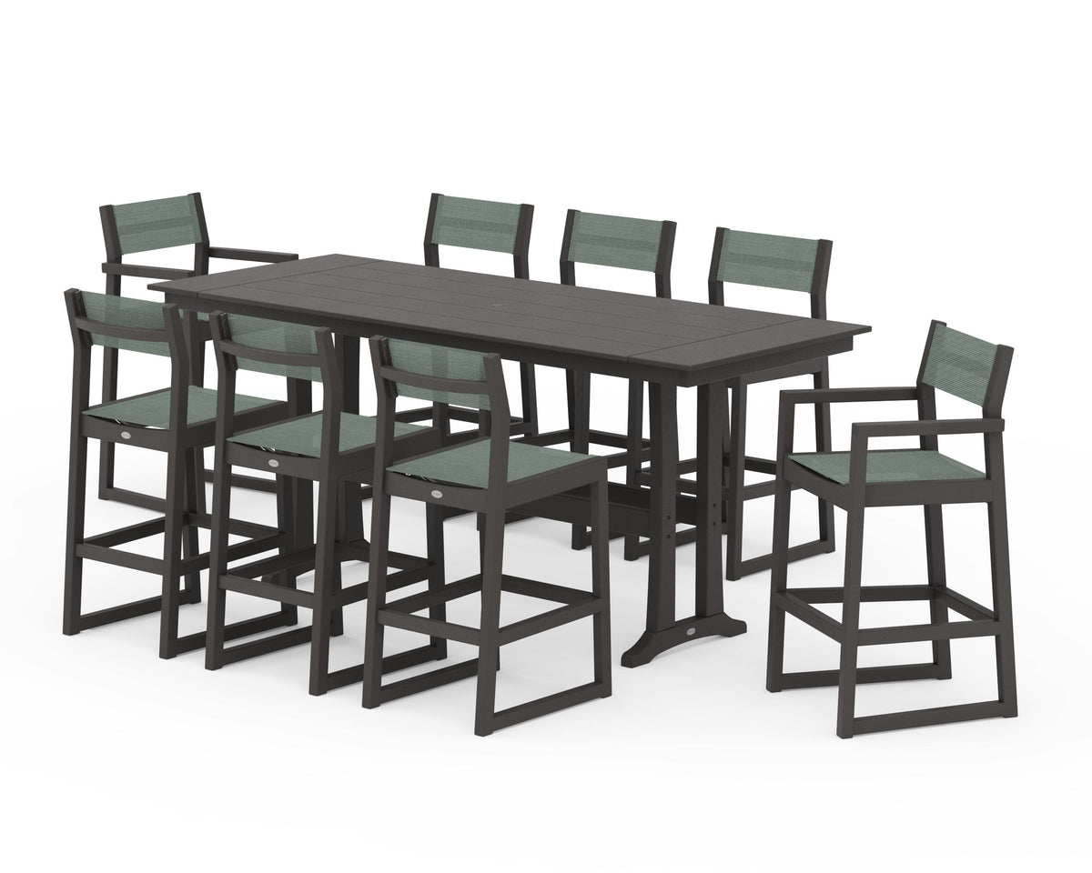 POLYWOOD EDGE Sling 9-Piece Farmhouse Bar Set with Trestle Legs in Vintage Coffee / Dupioni Sea Mist