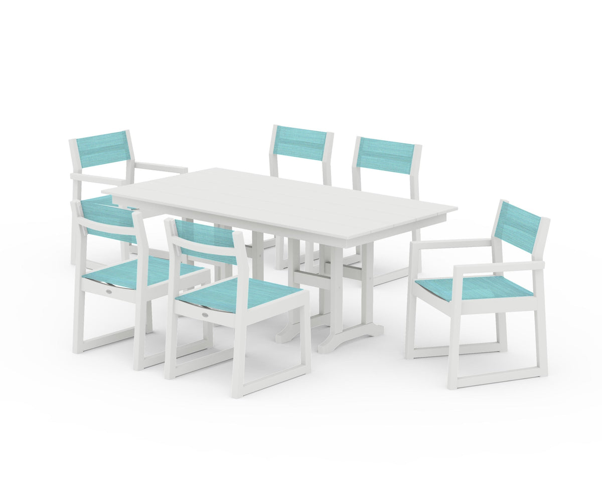 POLYWOOD EDGE Sling 7-Piece Farmhouse Dining Set in Vintage White / Dupioni Aquamarine