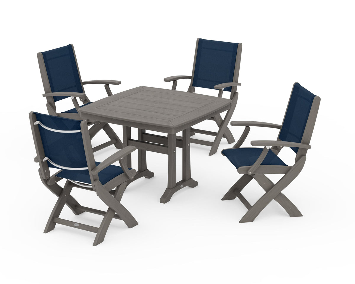 POLYWOOD Coastal Folding Chair 5-Piece Dining Set with Trestle Legs in Driftwood / Navy Blue