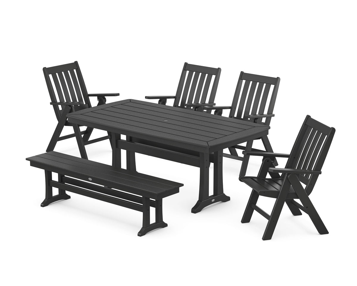 POLYWOOD Vineyard Folding Chair 6-Piece Dining Set with Trestle Legs and Bench in Black