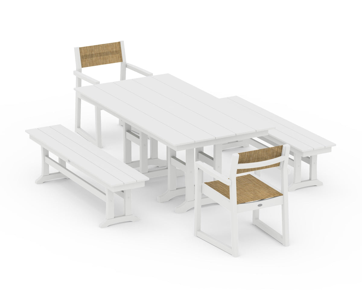 POLYWOOD EDGE Sling Arm Chair 5-Piece Farmhouse Dining Set with Benches in White / Burlap