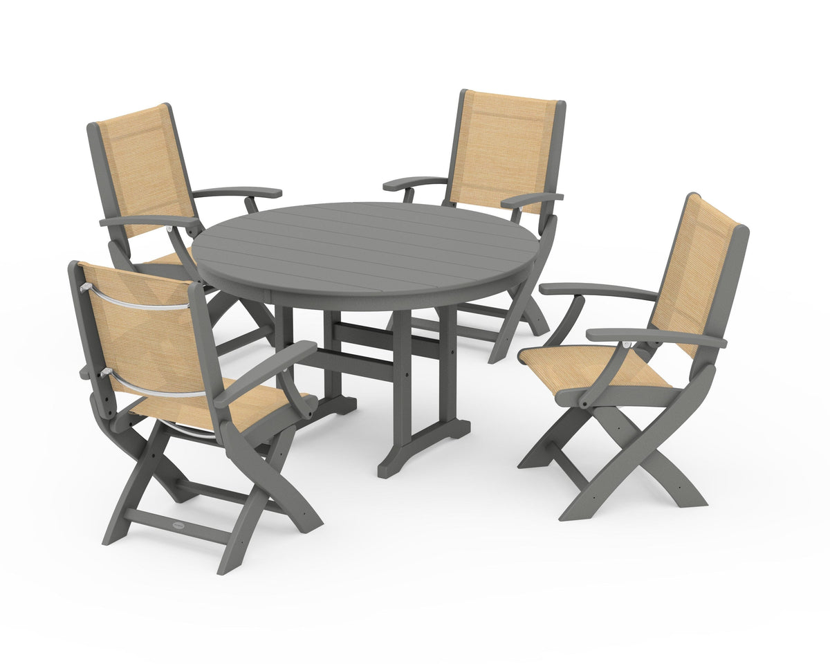 POLYWOOD Coastal Folding Chair 5-Piece Round Dining Set in Slate Grey / Dupioni Apricot