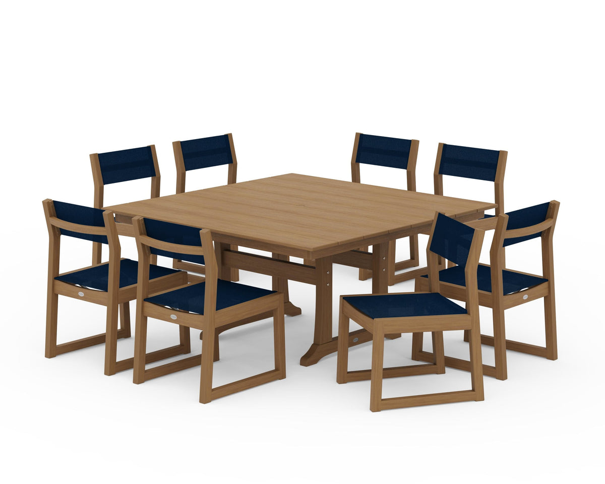 POLYWOOD EDGE Sling Side Chair 9-Piece Farmhouse Trestle Dining Set in Natural / Navy Blue