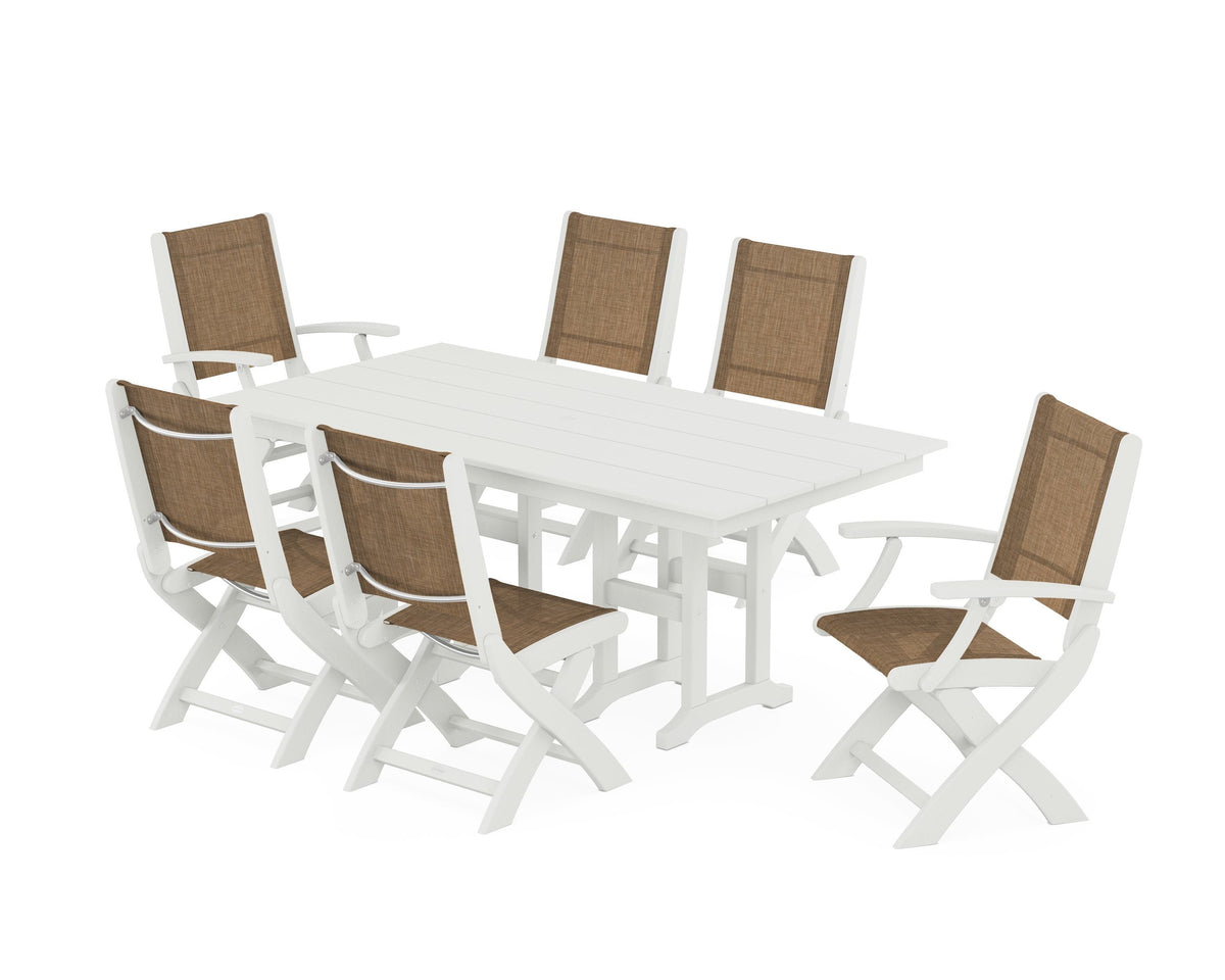 POLYWOOD Coastal Folding Chair 7-Piece Farmhouse Dining Set in Vintage White / Burlap