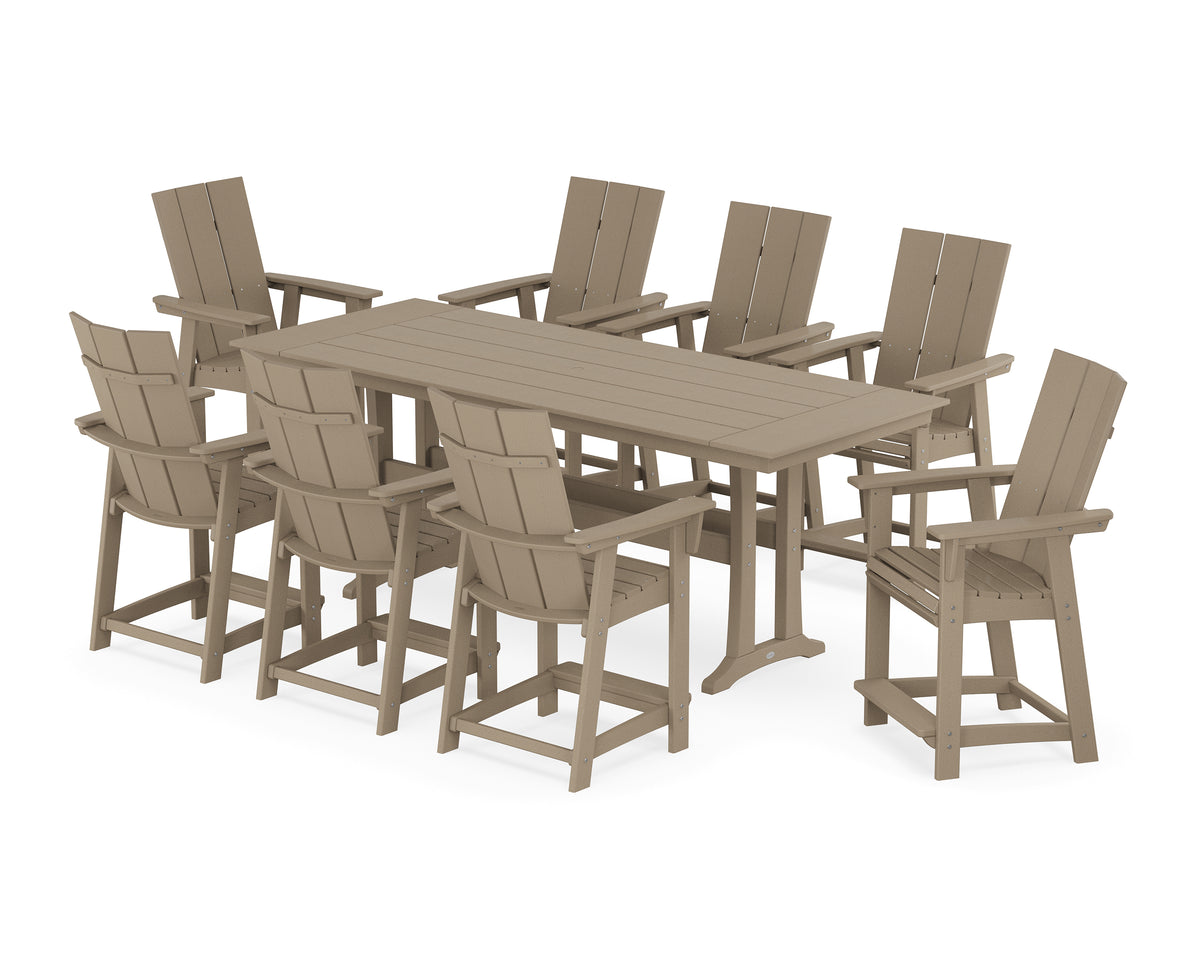 POLYWOOD Modern Curveback Adirondack 9-Piece Farmhouse Counter Set with Trestle Legs in Vintage Sahara