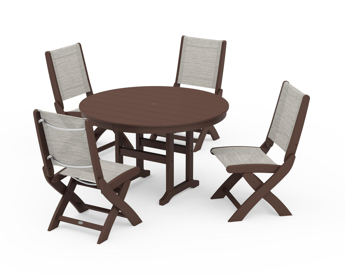 POLYWOOD Coastal Folding Side Chair 5-Piece Round Dining Set in Mahogany / Birch
