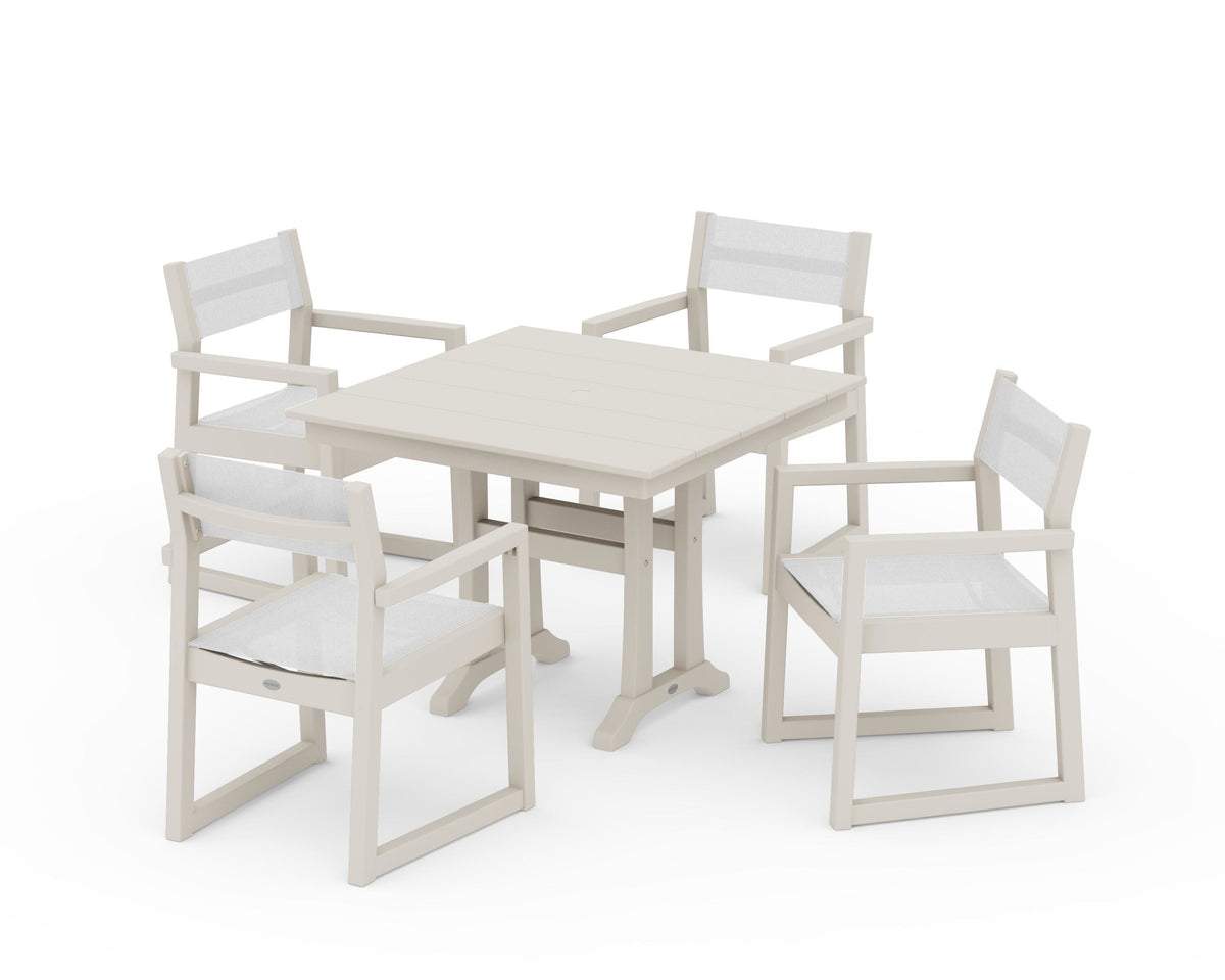 POLYWOOD EDGE Sling 5-Piece Farmhouse Dining Set with Trestle Legs in Sand / White