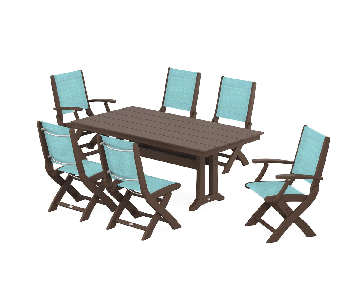 POLYWOOD Coastal Folding Chair 7-Piece Farmhouse Dining Set with Trestle Legs in Mahogany / Dupioni Aquamarine