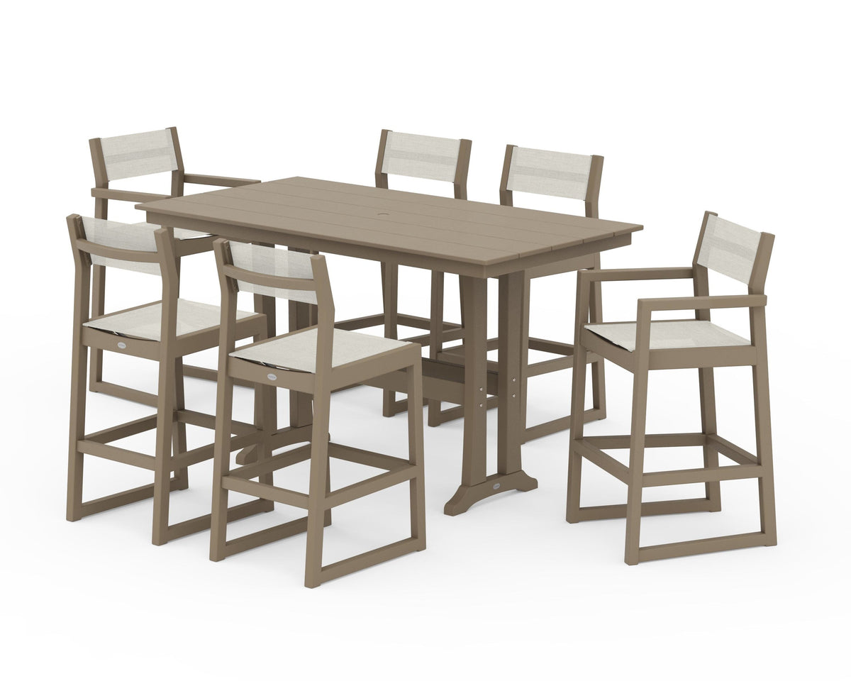 POLYWOOD EDGE Sling 7-Piece Farmhouse Bar Set with Trestle Legs in Vintage Sahara / Parchment