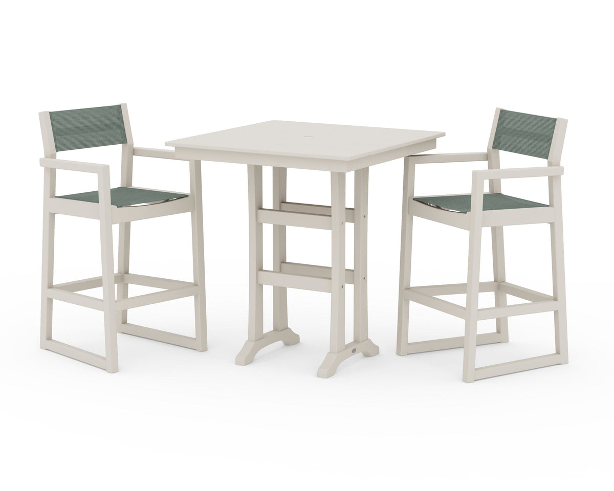 POLYWOOD EDGE Sling Arm Chair 3-Piece Farmhouse Bar Set with Trestle Legs in Sand / Dupioni Sea Mist
