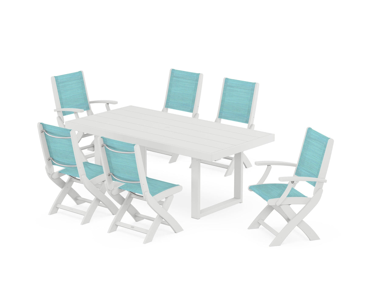 POLYWOOD Coastal Folding Chair 7-Piece Dining Set with Trestle Legs with EDGE 40" x 78" Dining Table in White / Dupioni Aquamarine