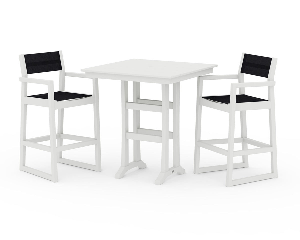 POLYWOOD EDGE Sling Arm Chair 3-Piece Farmhouse Bar Set with Trestle Legs in Vintage White / Black