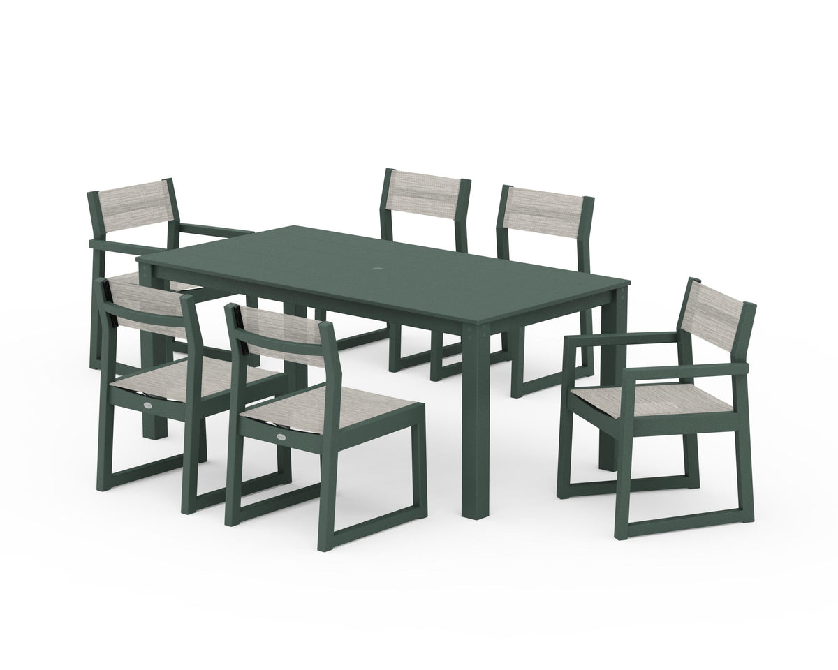POLYWOOD EDGE Sling 7-Piece Parsons Dining Set in Green / Birch