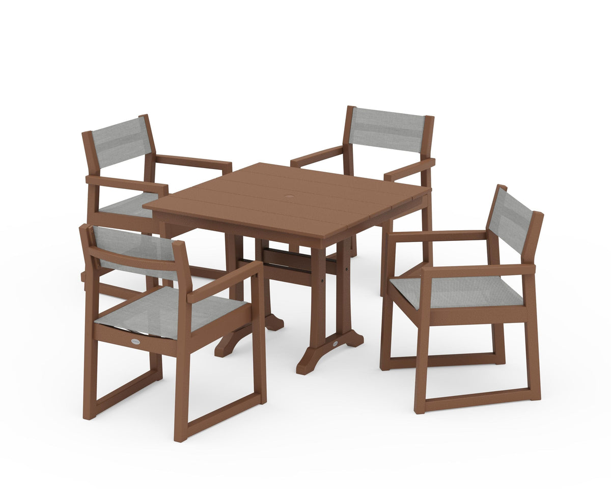 POLYWOOD EDGE Sling 5-Piece Farmhouse Dining Set with Trestle Legs in Teak / Metallic