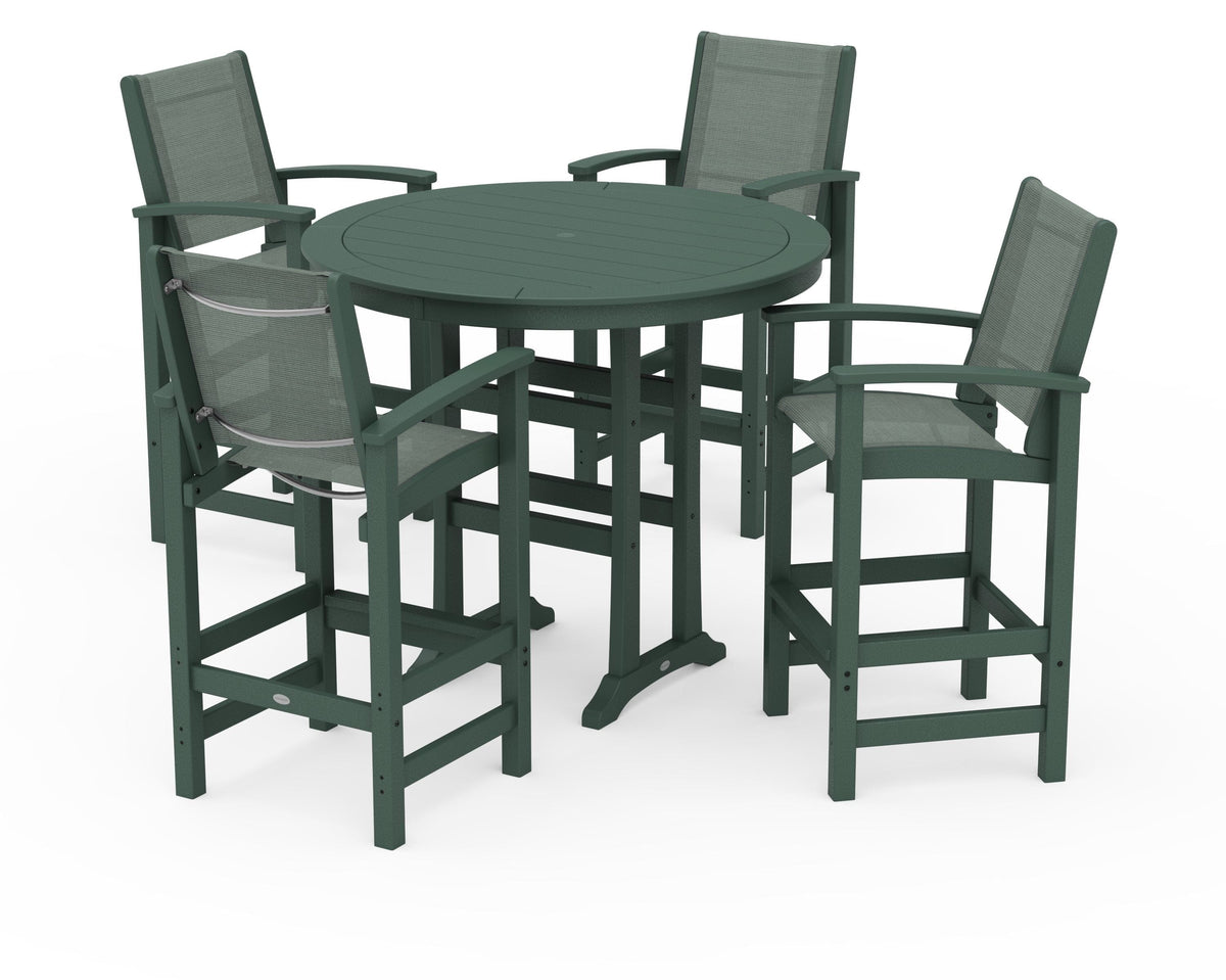 POLYWOOD Coastal 5-Piece Nautical Trestle Bar Set in Green / Dupioni Sea Mist