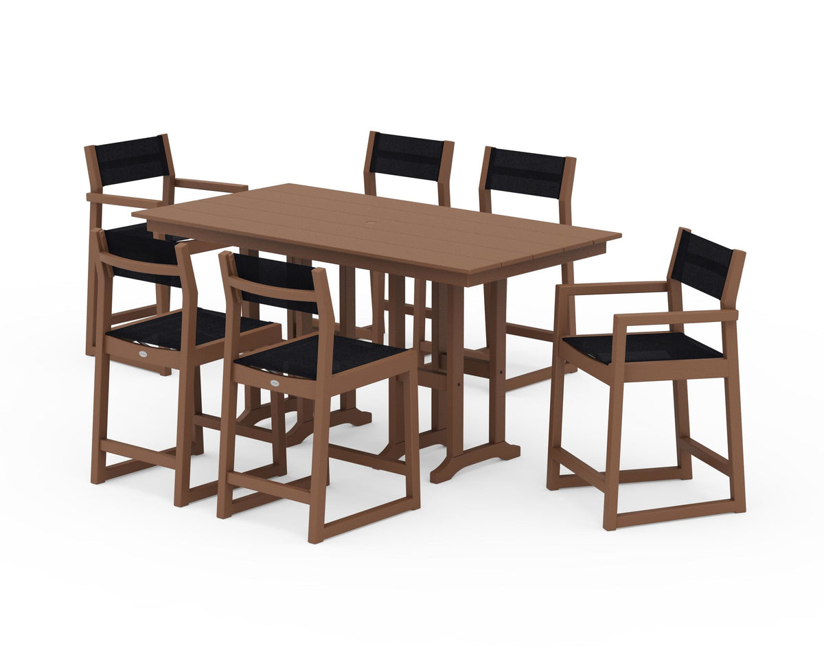 POLYWOOD EDGE Sling 7-Piece Farmhouse Counter Set with Trestle Legs in Teak / Black