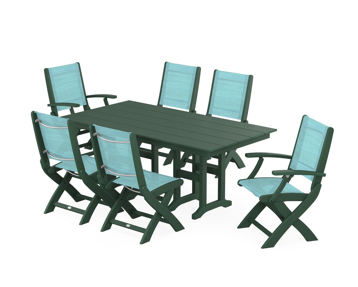 POLYWOOD Coastal Folding Chair 7-Piece Farmhouse Dining Set in Green / Dupioni Aquamarine