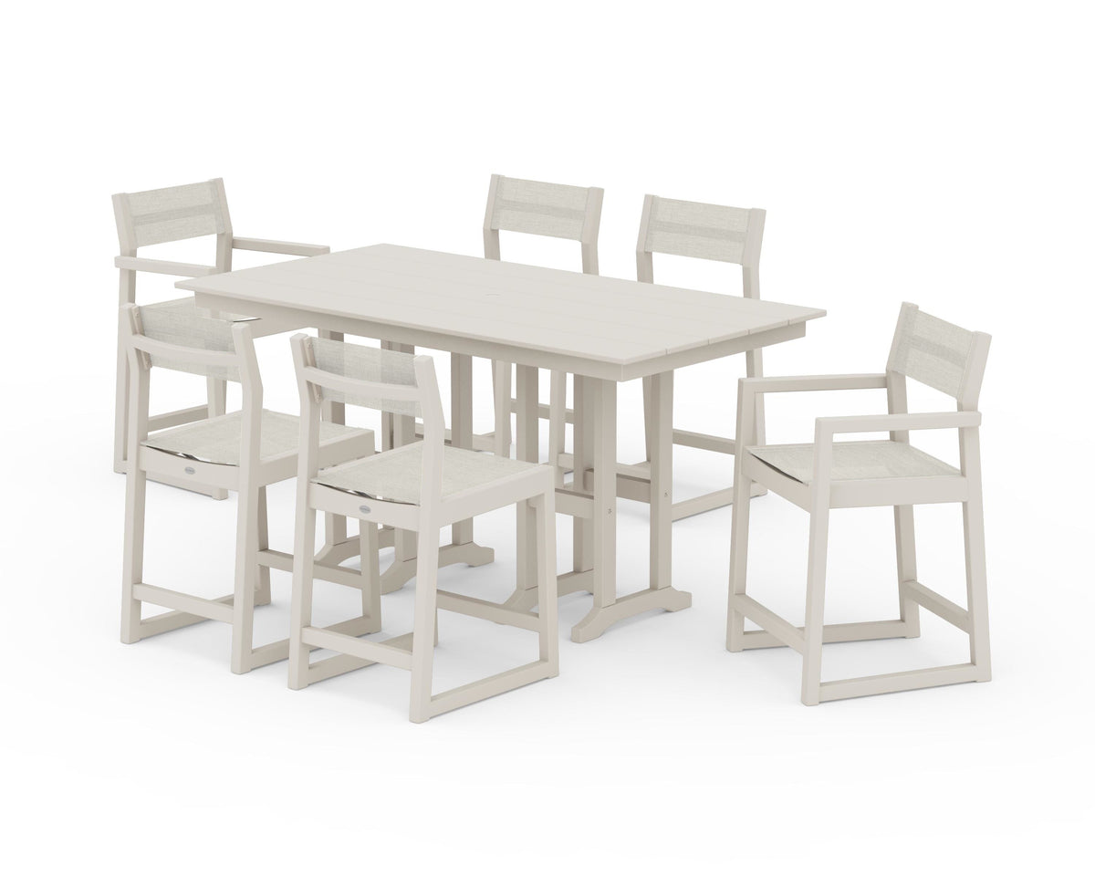 POLYWOOD EDGE Sling 7-Piece Farmhouse Counter Set with Trestle Legs in Sand / Parchment