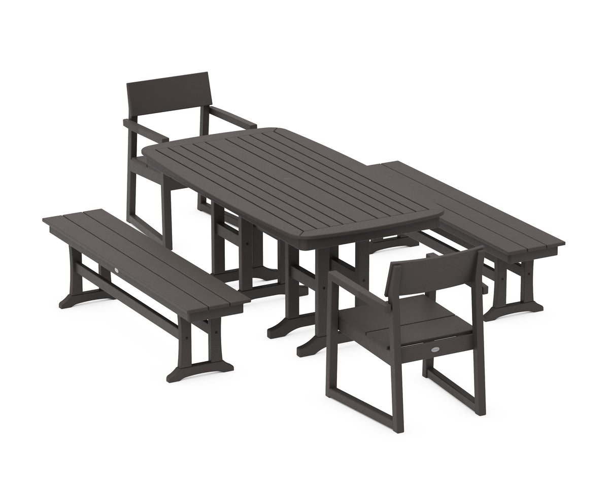 POLYWOOD EDGE 5-Piece Dining Set with Benches (Nautical 37" x 72" Table) in Vintage Coffee