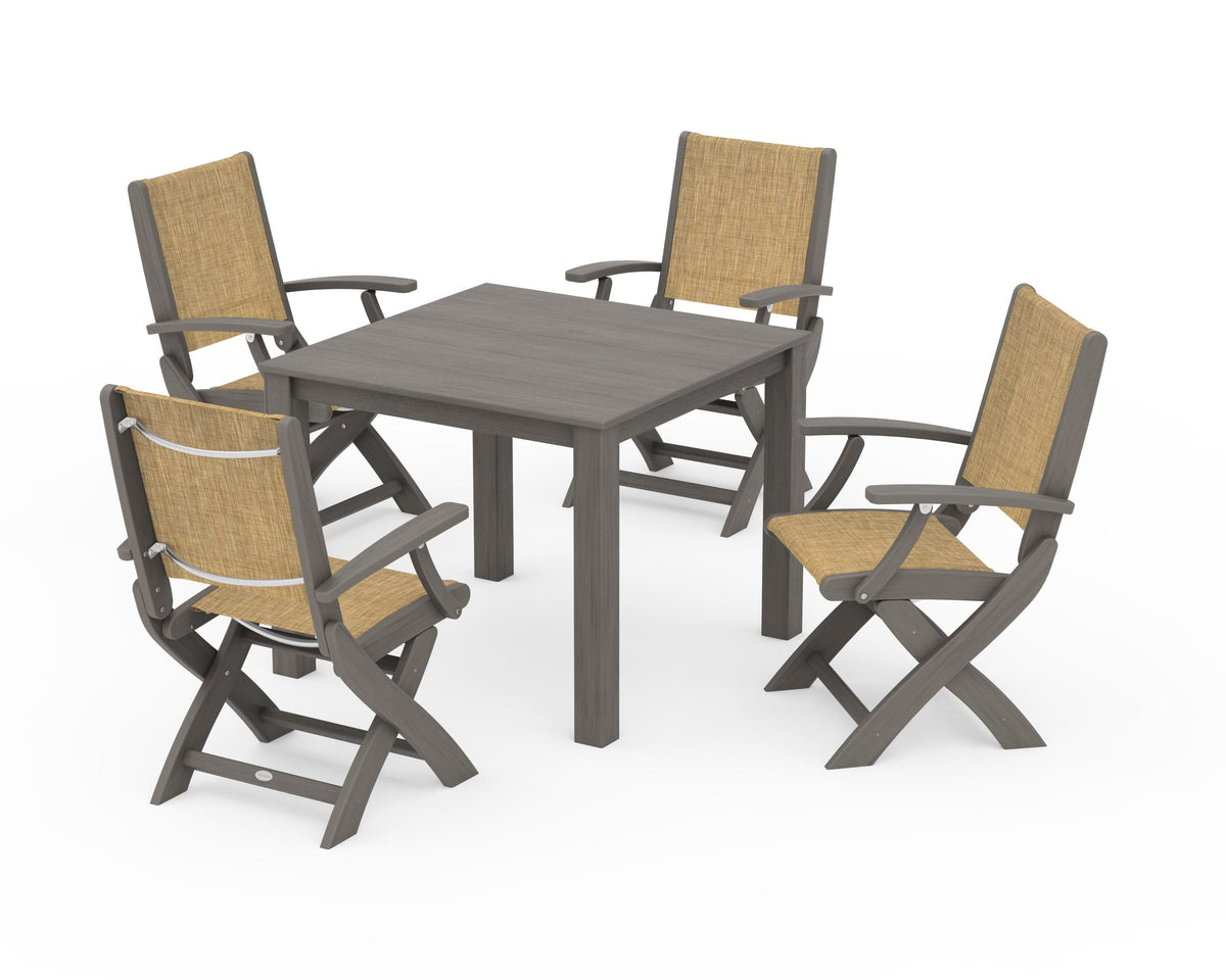 POLYWOOD Coastal Folding Chair 5-Piece Parsons Dining Set in Driftwood / Burlap