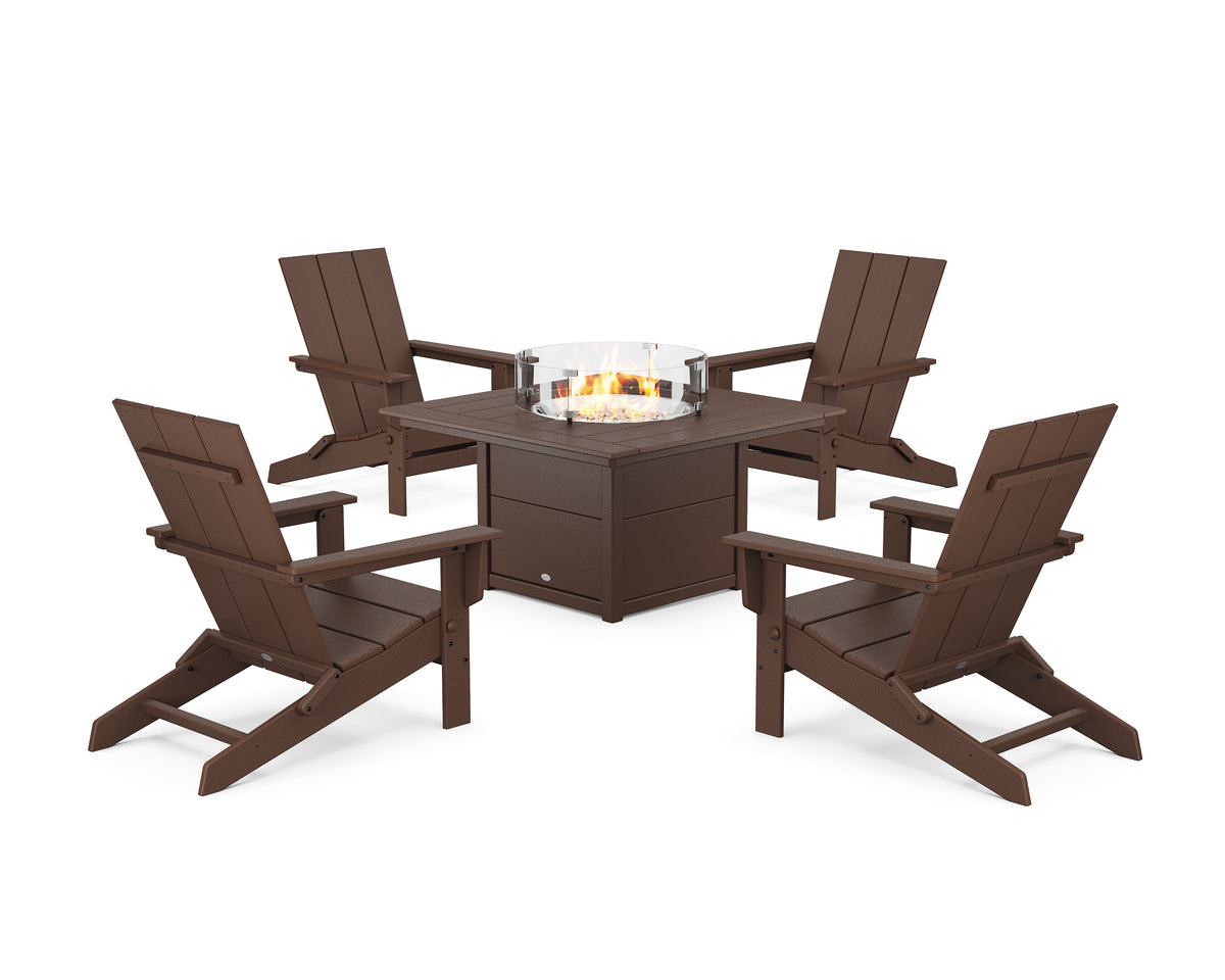 POLYWOOD 5-Piece Modern Studio Folding Adirondack Conversation Set with Fire Pit Table in Mahogany