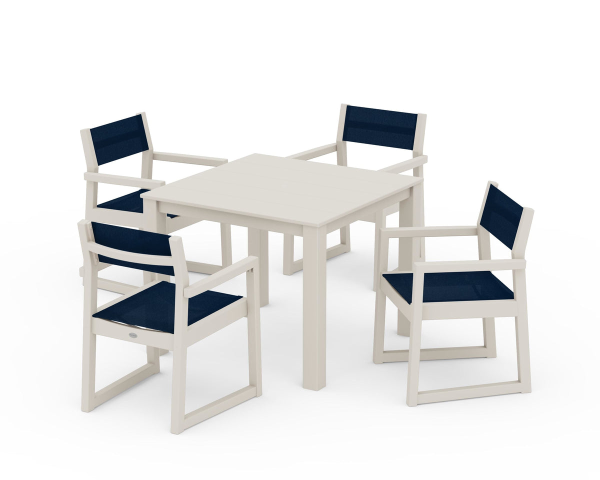 POLYWOOD EDGE Sling Arm Chair 5-Piece Parsons Dining Set in Sand / Navy Blue