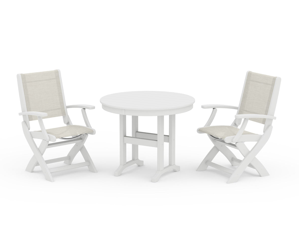 POLYWOOD Coastal Folding Chair 3-Piece Round Dining Set in White / Parchment