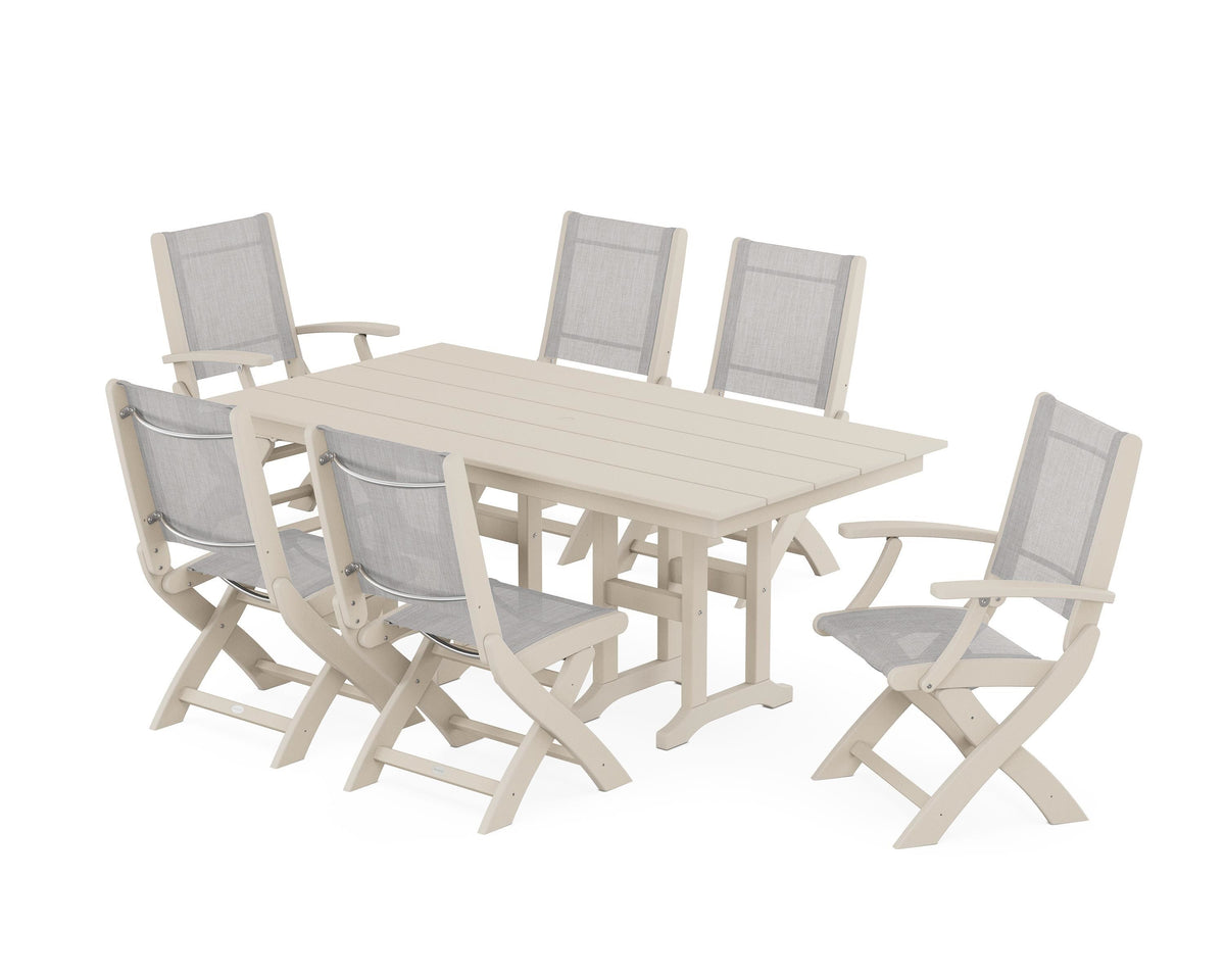 POLYWOOD Coastal Folding Chair 7-Piece Farmhouse Dining Set in Sand / Parchment