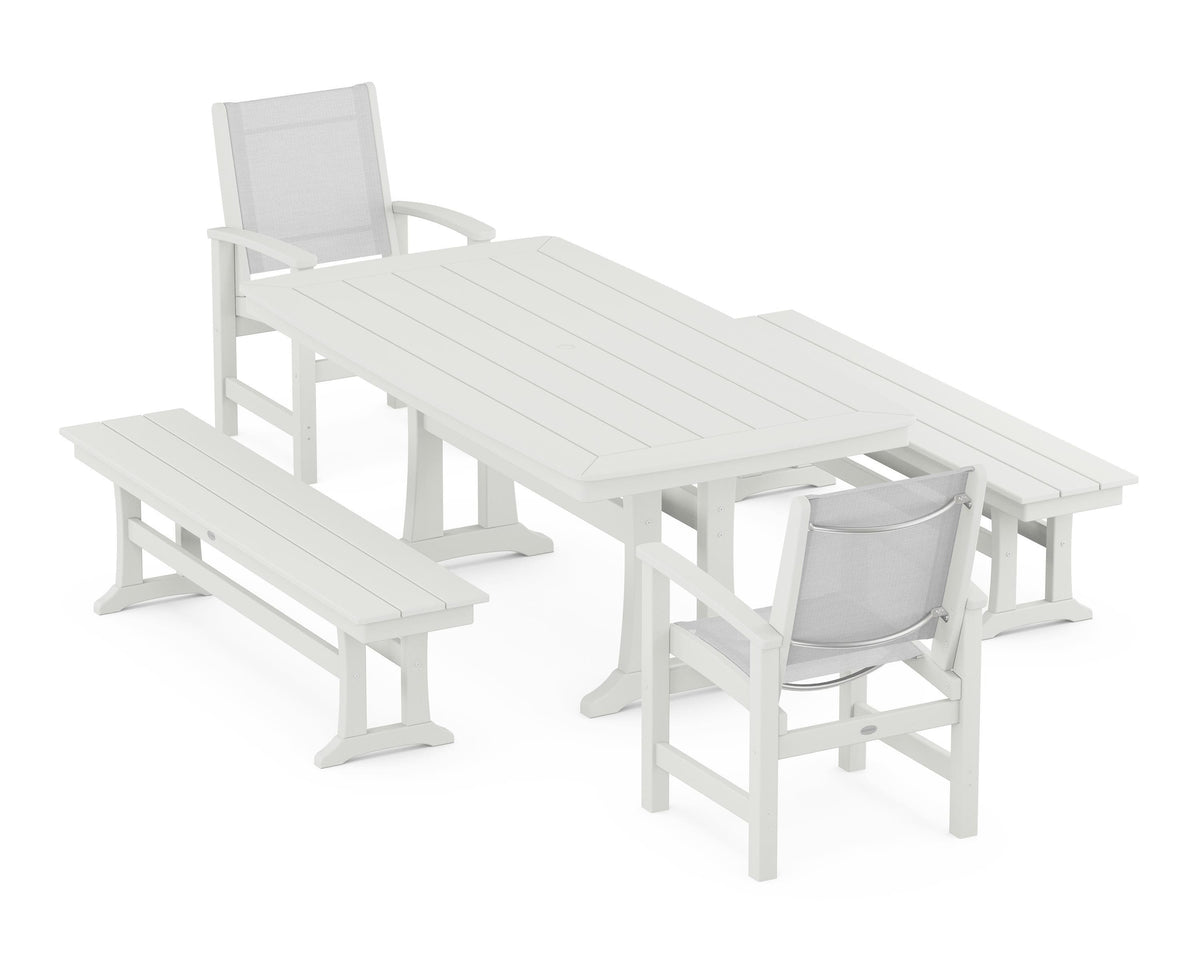 POLYWOOD Coastal 5-Piece Dining Set with Trestle Legs and Benches in Vintage White / White