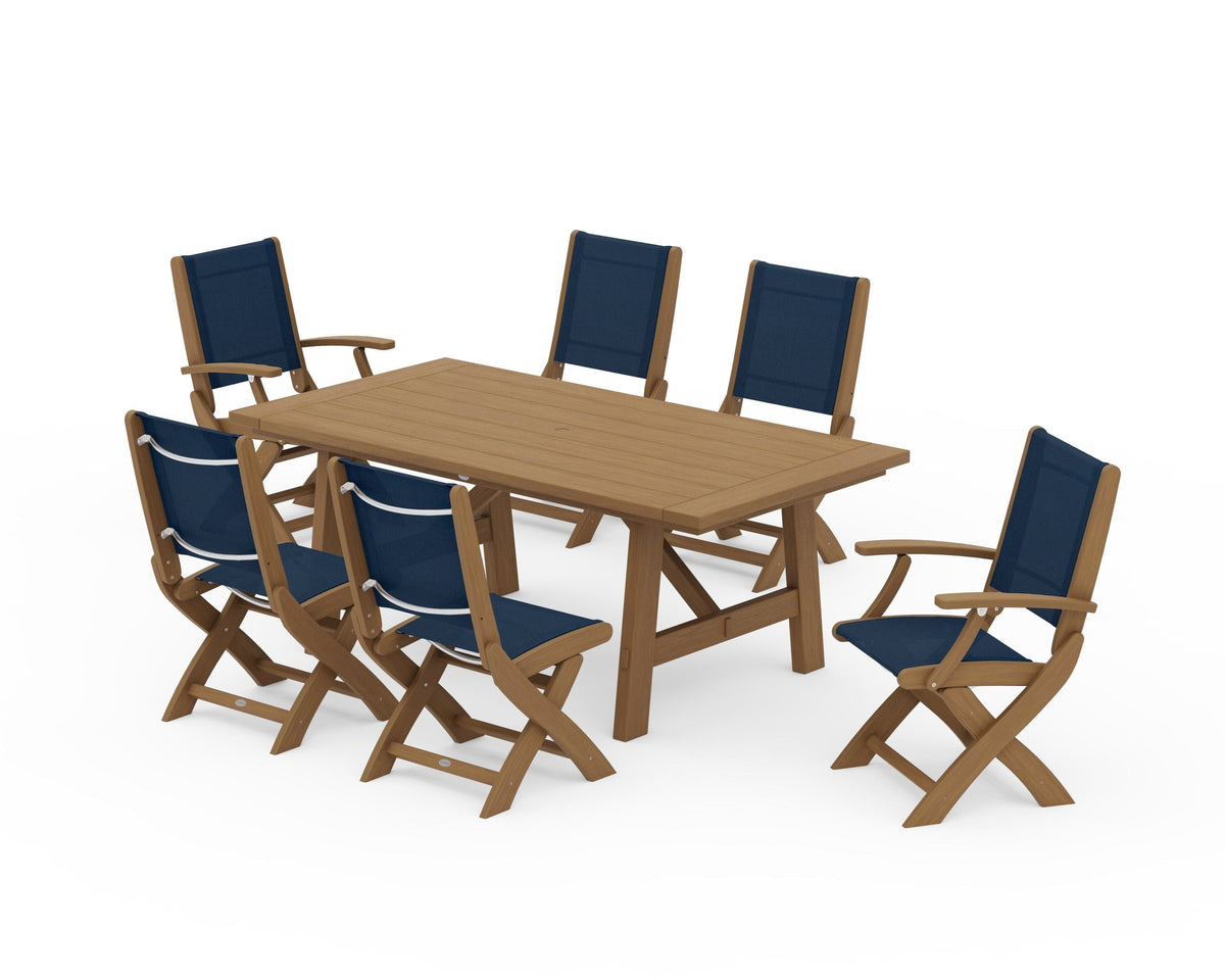 POLYWOOD Coastal Folding Chair 7-Piece Rustic Farmhouse Dining Set in Natural / Navy Blue