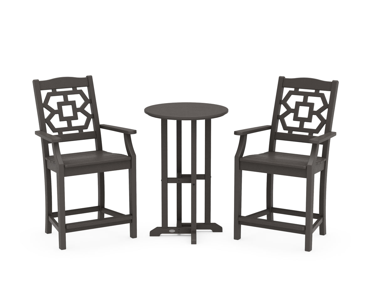 POLYWOOD Chinoiserie 3-Piece Farmhouse Bistro Counter Set in Vintage Coffee