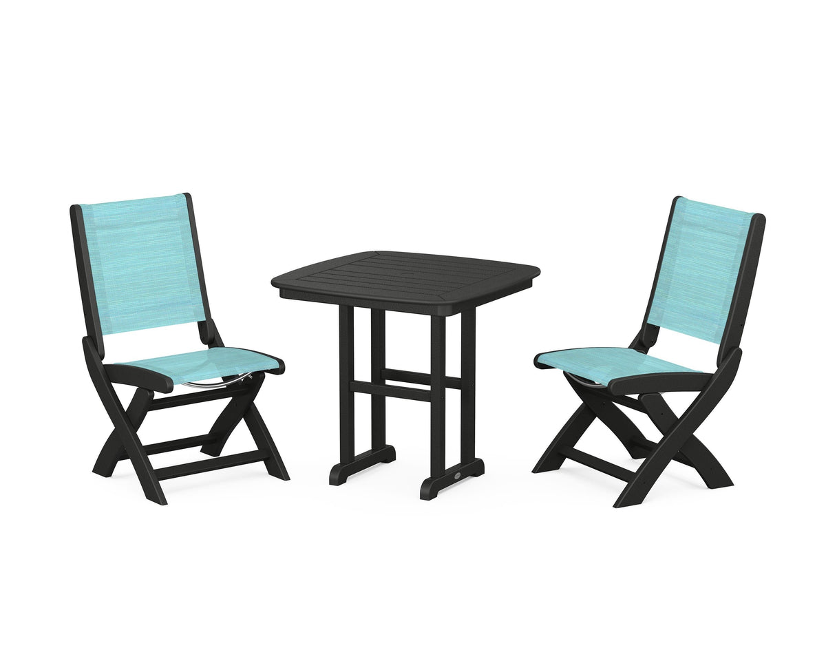 POLYWOOD Coastal Folding Side Chair 3-Piece Dining Set in Black / Dupioni Aquamarine