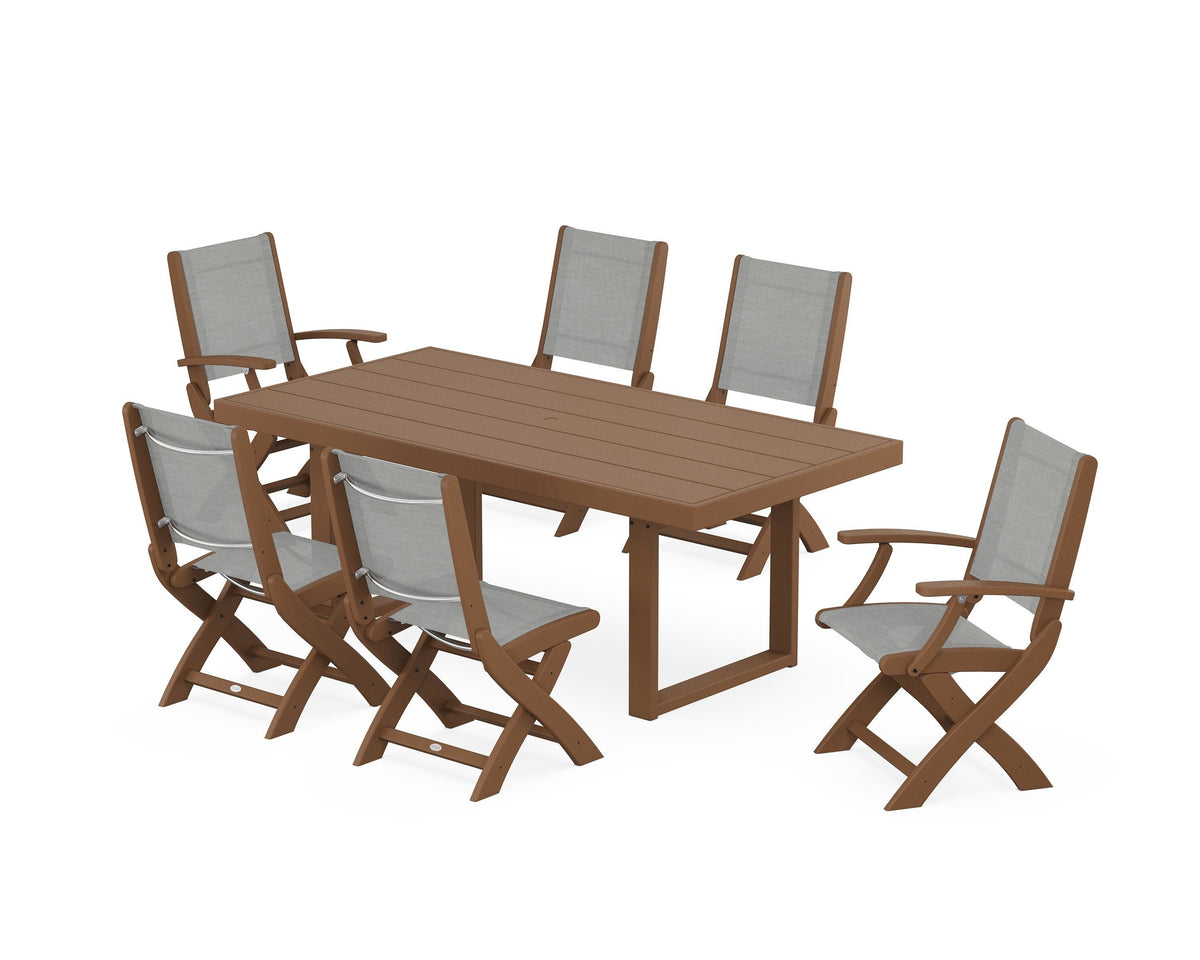 POLYWOOD Coastal Folding Chair 7-Piece Dining Set with Trestle Legs with EDGE 40" x 78" Dining Table in Teak / Metallic