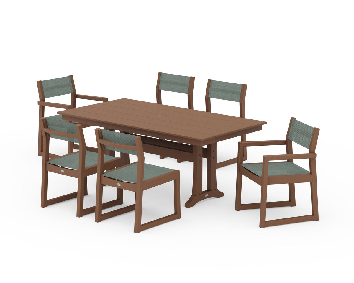 POLYWOOD EDGE Sling 7-Piece Farmhouse Trestle Dining Set in Teak / Dupioni Sea Mist