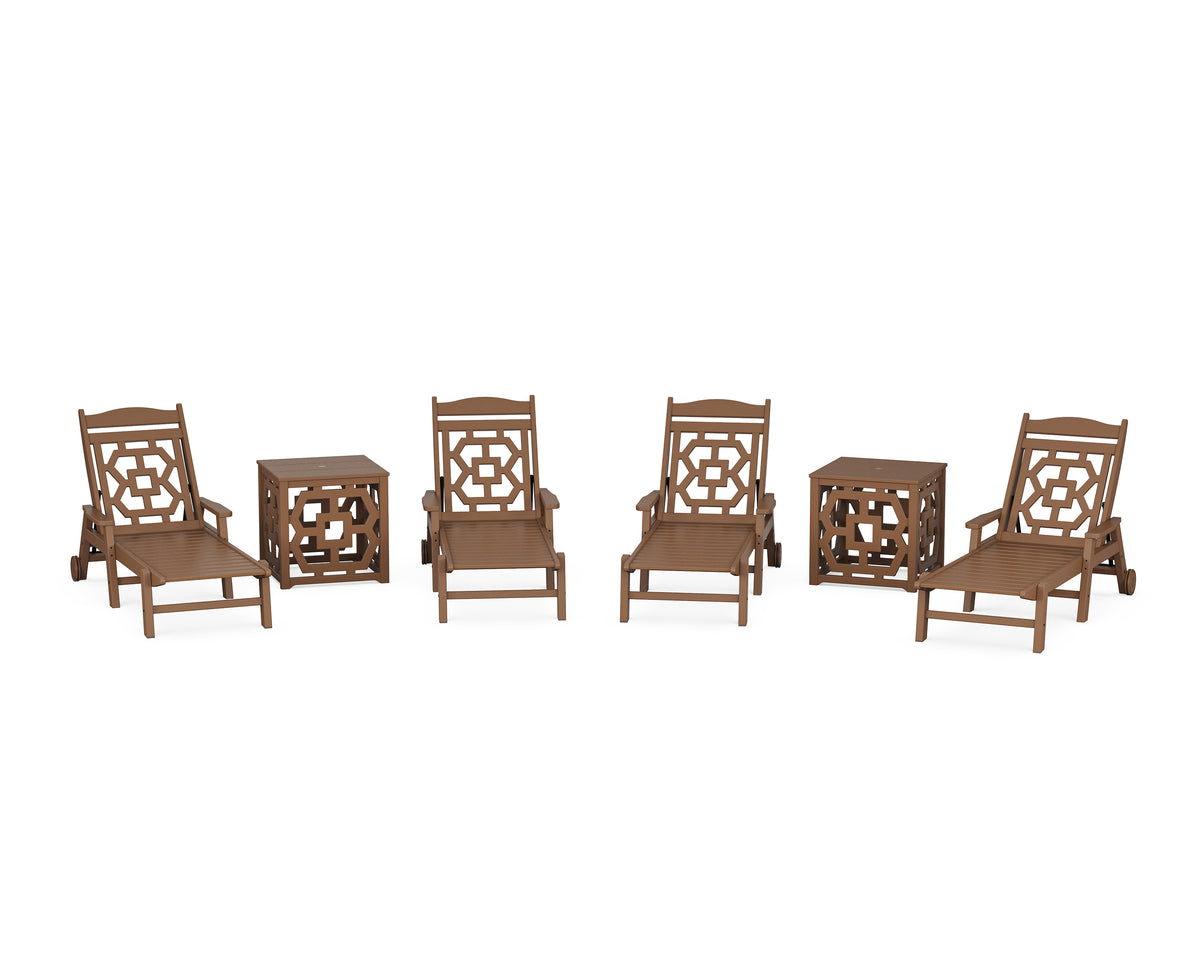 POLYWOOD Chinoiserie 6-Piece Chaise Set with Umbrella Stand Accent Table in Teak