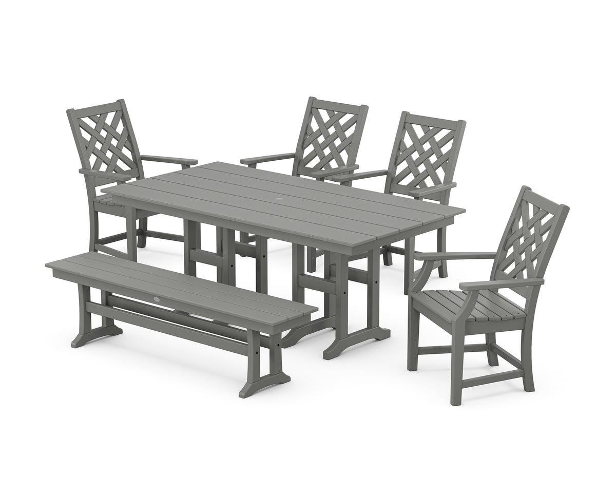 POLYWOOD Country Living Wovendale 6-Piece Farmhouse Dining Set with Bench with Farmhouse 37" x 72" Dining Table in Slate Grey