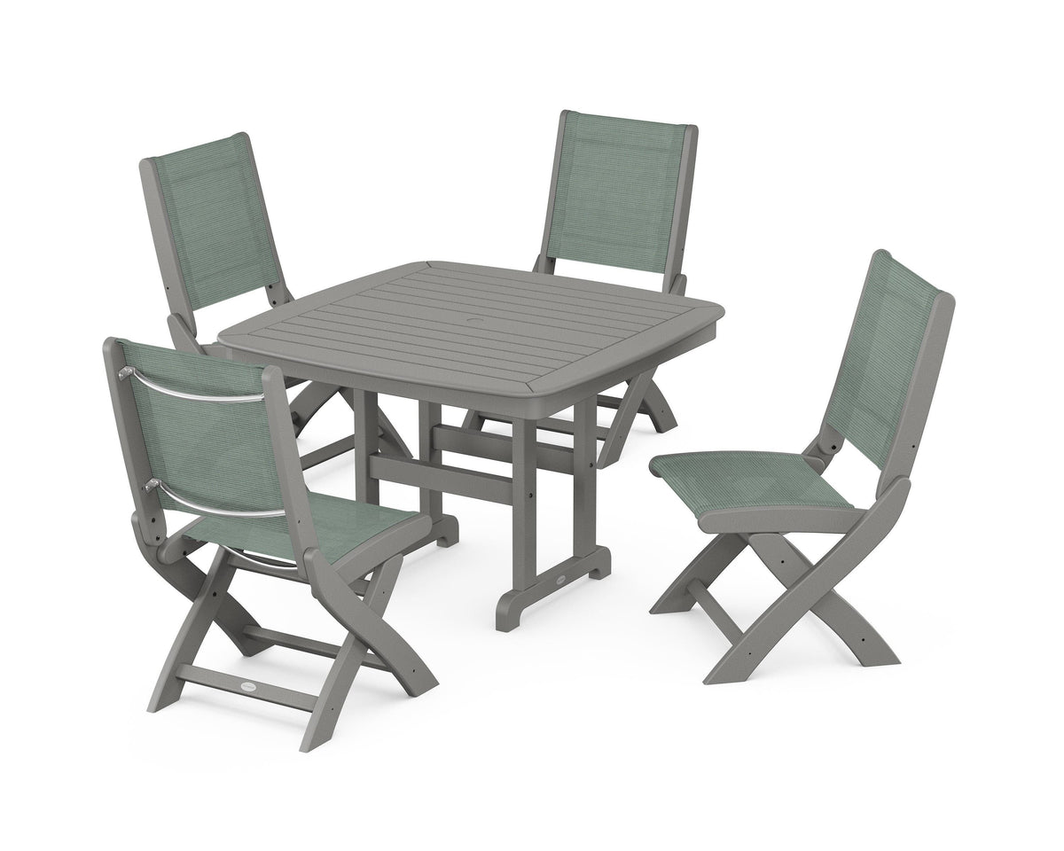 POLYWOOD Coastal Folding Side Chair 5-Piece Dining Set with Nautical 44" Dining Table in Slate Grey / Dupioni Sea Mist