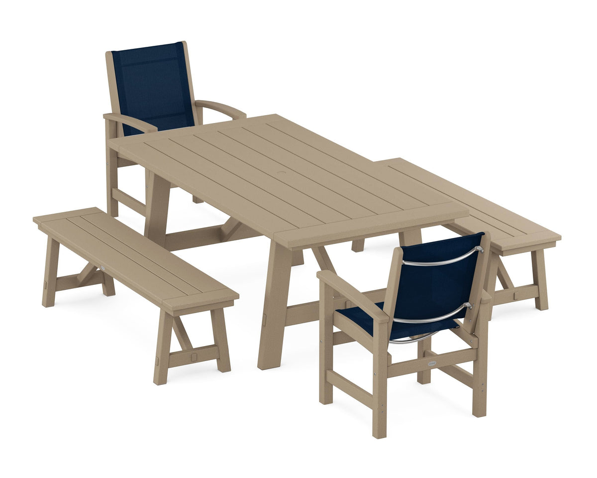 POLYWOOD Coastal 5-Piece Rustic Farmhouse Dining Set With Benches in Vintage Sahara / Navy Blue