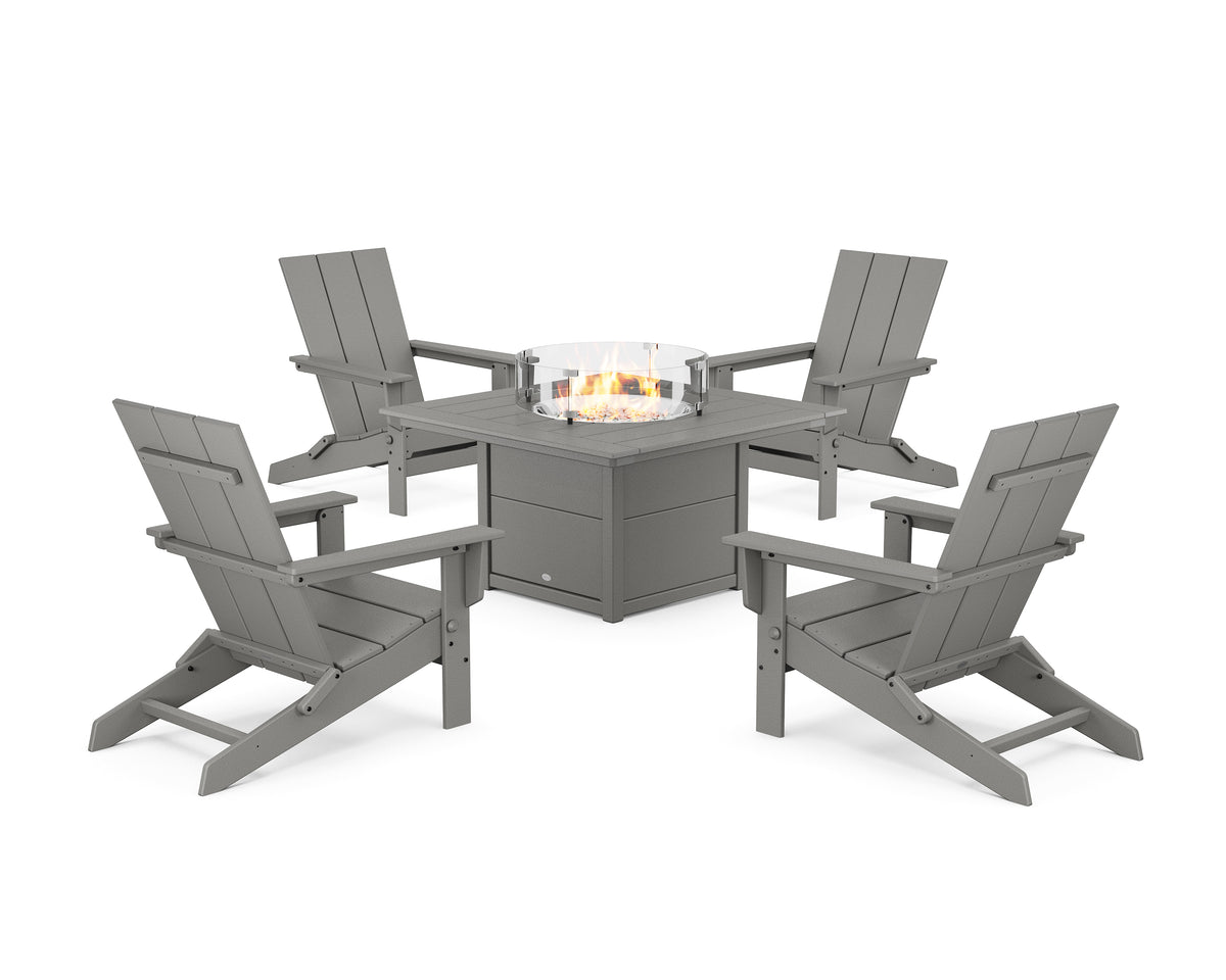 POLYWOOD 5-Piece Modern Studio Folding Adirondack Conversation Set with Fire Pit Table in Slate Grey
