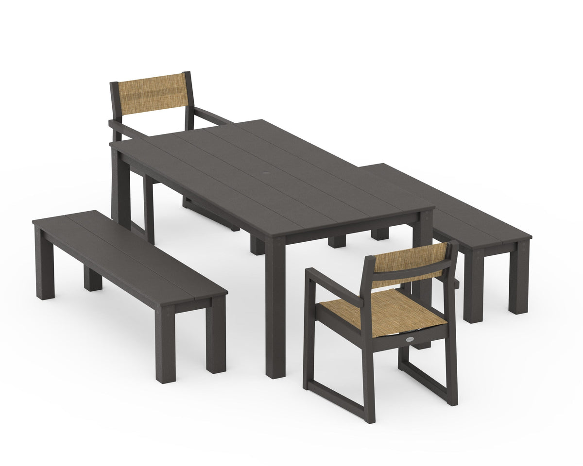 POLYWOOD EDGE Sling Arm Chair 5-Piece Parsons Dining Set with Benches in Vintage Coffee / Burlap