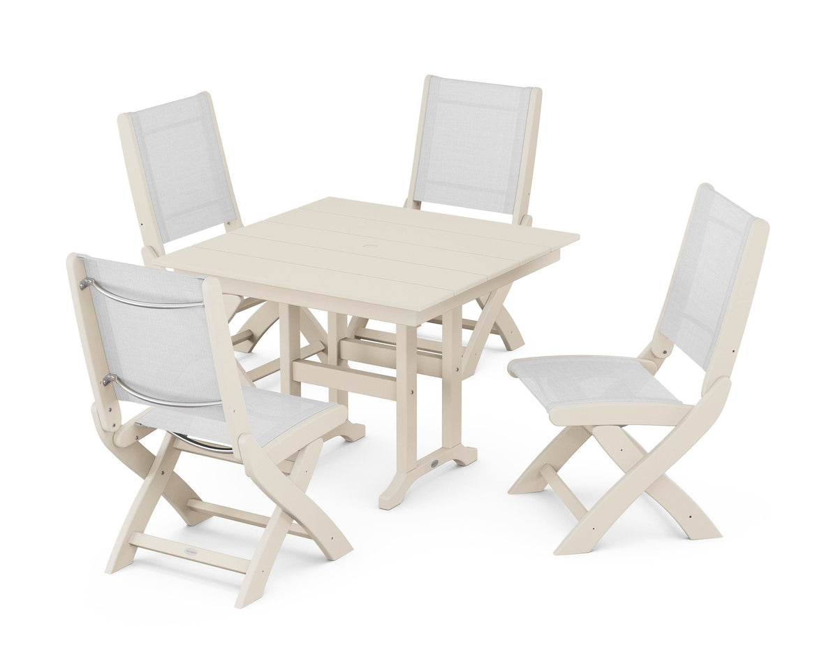 POLYWOOD Coastal Folding Side Chair 5-Piece Farmhouse Dining Set in Sand / White