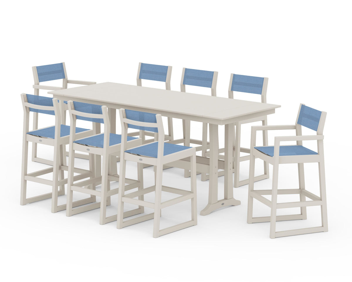 POLYWOOD EDGE Sling 9-Piece Farmhouse Bar Set with Trestle Legs in Sand / Poolside
