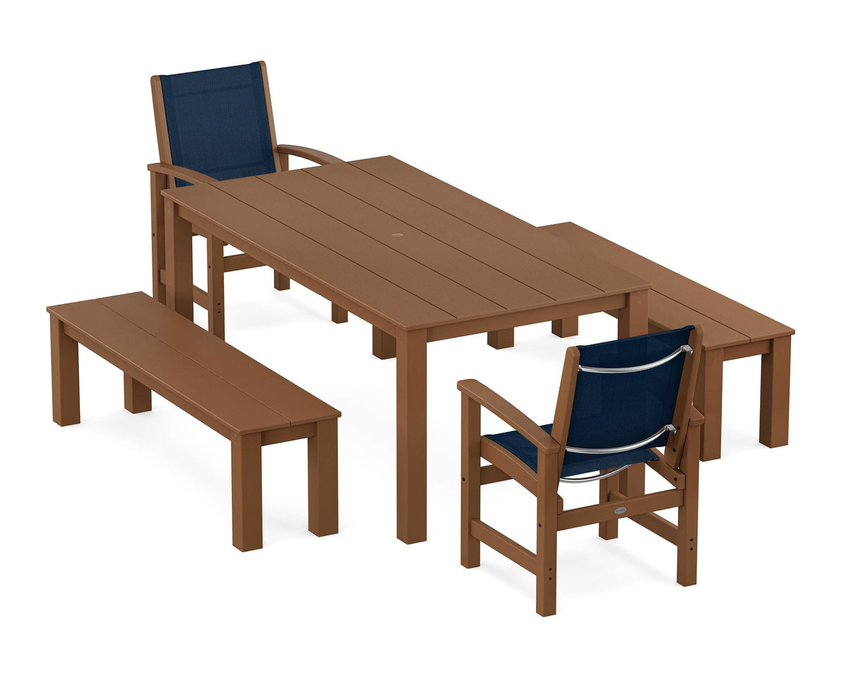POLYWOOD Coastal 5-Piece Parsons Dining Set with Benches in Teak / Navy Blue