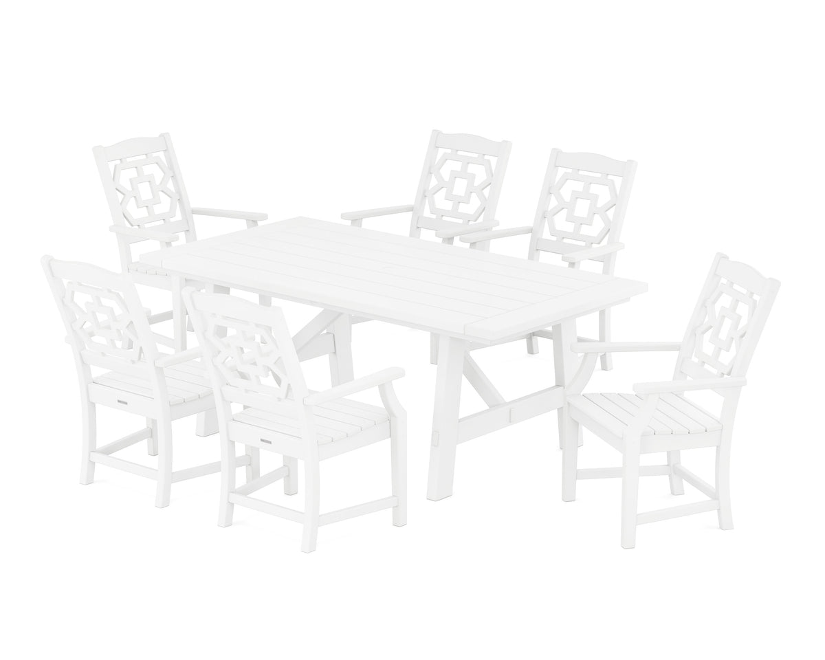 POLYWOOD Chinoiserie Arm Chair 7-Piece Rustic Farmhouse Dining Set in White
