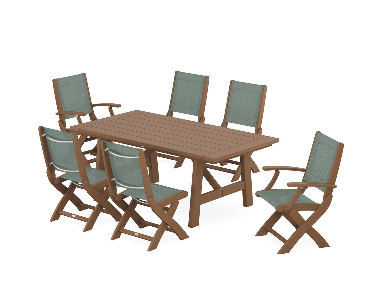 POLYWOOD Coastal Folding Chair 7-Piece Rustic Farmhouse Dining Set in Teak / Dupioni Sea Mist