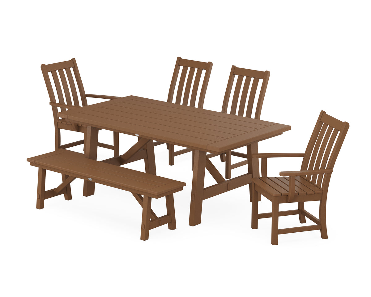 POLYWOOD Vineyard 6-Piece Rustic Farmhouse Dining Set with Bench in Teak